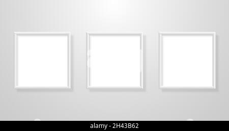 Painting mockup three. Realistic photo frames with shadow. Pictures blank set hanging on white wall. Square light frames collection. Vector Stock Vector