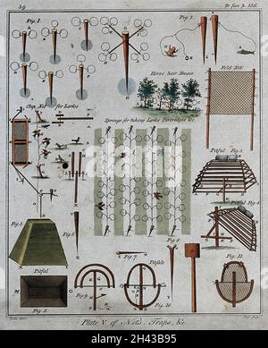 Hunting: traps and snares for catching ground-feeding birds. Engraving ...
