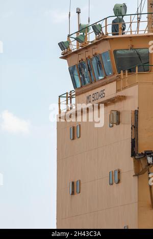 Labuan Bajo, Indonesia - Aug 25, 2019: Close-up of the command bridge of a freighter docked in the unloading, delivery area of the port of Labuan Ba Stock Photo