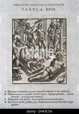 Martyrdom of male saints by various methods. Woodcut. Stock Photo