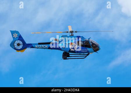 CENTENNIAL, USA-OCT 17: Reach Air Medical Services helicopter lands on October 17, 2020 at Centennial airport near Denver, Colorado. This airport is o Stock Photo