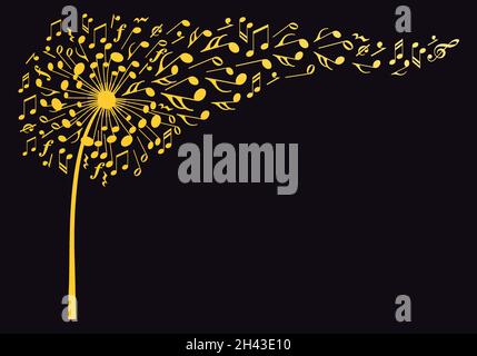 Gold dandelion flower with flying music notes, vector illustration over black background Stock Vector