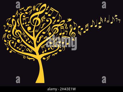 Gold music tree with flying musical notes, vector illustration over black background Stock Vector