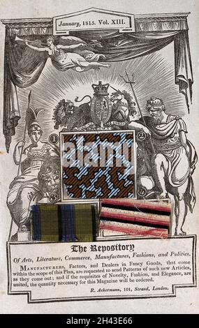 Textiles: three fabric samples mounted on a printed background. Wood engraving with applied fabric, 1815. Stock Photo