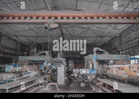 General plan of the industrial workshop of the plant production with old machines and equipment for metalworking factory manufacturing. Stock Photo