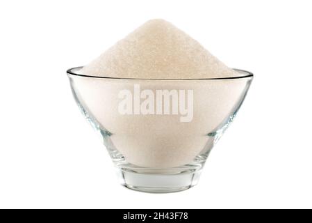 Bowl, plate with free-flowing sugar close-up on a white background. Granulated Sugar Isolate Stock Photo
