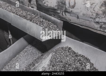Pile of metal shavings background, industrial iron waste and steel recycle industry.