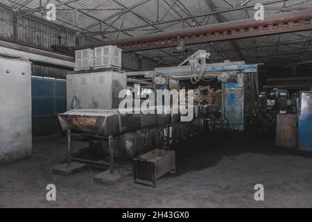 General plan of the industrial workshop of the plant production with old machines and equipment for metalworking factory manufacturing. Stock Photo