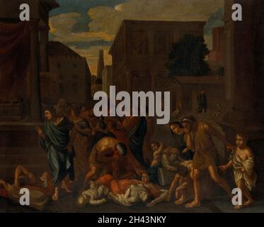 The plague of the Philistines at Ashdod. Oil painting after Nicolas Poussin. Stock Photo