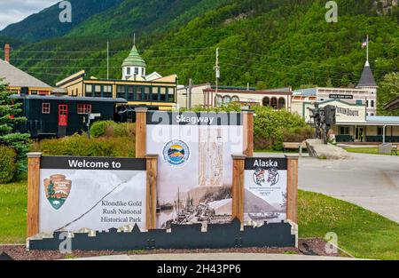 Alaska, Skagway, Klondike Gold Rush National Historical Park, Welcome Sign Stock Photo