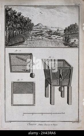 Hunting: a trap for a ploughed field (top), and details of a trap for ...