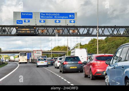 Strensham, England - October 2021: Traffic congestion from traffic queuing on the M5 motorway