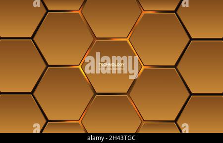Gold 3d hexagonal technology vector abstract background. Yellow bright energy flashes under hexagon Stock Vector