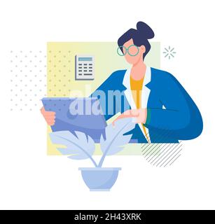 Work from Home - Young Woman with Laptop - Illustration  as EPS 10 File Stock Vector