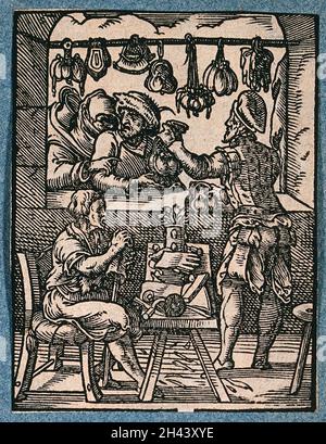 A man is selling purses and gloves through the open window of his workshop as his assistant works at a bench. Woodcut. Stock Photo