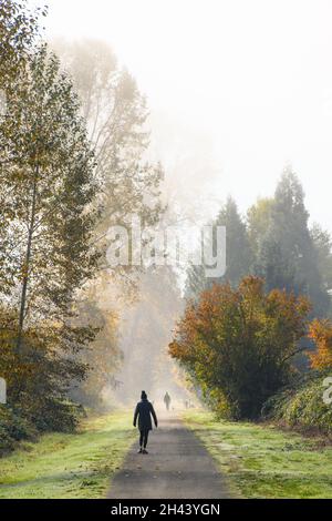 Carnation, WA, USA - October 31, 2021; People walk into the distance in late fall along the Snoqualmie Valley Trail.  The morning is misty and frosty Stock Photo