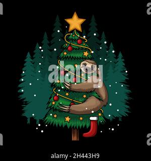 sloth hugging tree merry christmas vector illustration Stock Vector