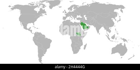 South sudan, saudi arabia highlighted on world map. Political map backgrounds. Stock Vector