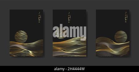 Japanese landscape background set cards gold line wave pattern vector illustration. Golden luxury Abstract template with geometric pattern. Mountain Stock Vector
