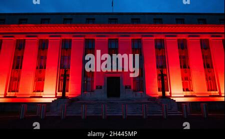 CARDIFF, WALES - MAY 28: The Welsh Government Building at Cathays Park lit up red in support of Wales in the Euros on May 28, 2021 in Cardiff, Wales. Stock Photo