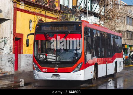Santiago, Chile -  August 2021: A Transantiago, or Red Metropolitana de Movilidad, bus in Santiago Stock Photo
