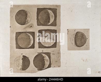 Astronomy: five diagrams of the surface of the moon, during its phases. Aquatint after Galileo Galilei. Stock Photo
