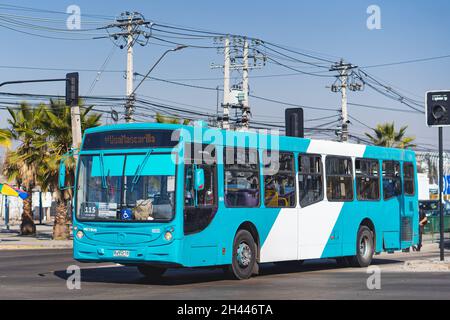 Santiago, Chile -  August 2021: A Transantiago, or Red Metropolitana de Movilidad, bus in Santiago Stock Photo