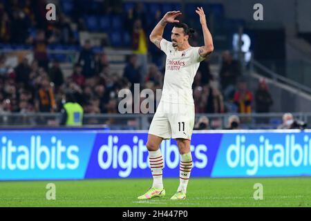 Stadio Olimpico, Rome, Italy. 31st Oct, 2021. Serie A football Roma v AC Milan; Zlatan Ibrahimovic of AC Milan celebrates after scoring the goal for 0-1 in the 25th minute Credit: Action Plus Sports/Alamy Live News Stock Photo