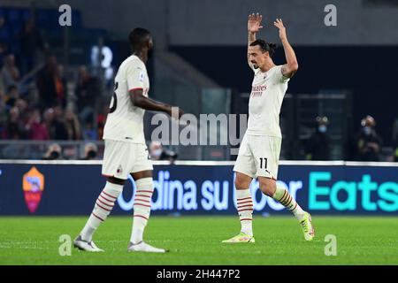 Stadio Olimpico, Rome, Italy. 31st Oct, 2021. Serie A football Roma v AC Milan; Zlatan Ibrahimovic of AC Milan celebrates after scoring the goal for 0-1 in the 25th minute Credit: Action Plus Sports/Alamy Live News Stock Photo