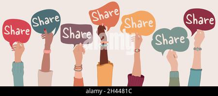 Arms and hands up of multicultural group people holding speech bubble with text -Share- Concept of sharing and community Stock Vector
