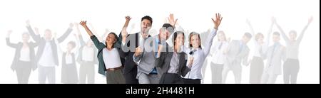 Large and very happy business group with arms raised isolated over a white background Stock Photo
