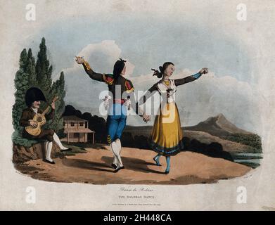 A Spanish couple are dancing the boleras accompanied by a man playing the guitar. Coloured aquatint by J. Clark after Revd. William Bradford. Stock Photo