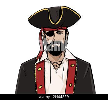 Hand drawn Vector illustration of pirate. Vector sketch style illustration, isolated on white background. Stock Vector