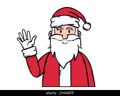 Cartoon style vector illustration of waving Santa Claus avatar. Doodle of Santa is isolated on transparent background. Stock Vector