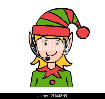 Cartoon style vector illustration of Elf girl customer service support avatar. Doodle of Elf is isolated on transparent background. Stock Vector
