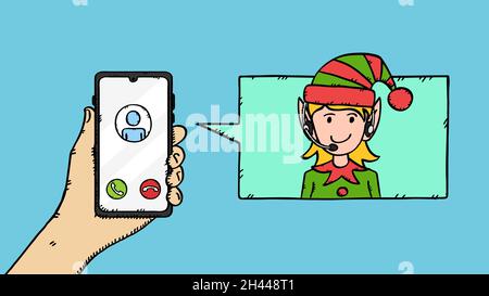 Hand draw vector doodle of hand, holding mobile phone with Elf girl from christmas customer service on call. Colorful illustration in sketch style. Stock Vector