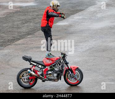 Lee Bowing Racing Lee Bowers, stunt bike rider, putting on a show at the Flame & Thunder ...