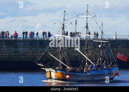 Replica of Bark Endeavour giving pleasure trips around Whitby Bay,North Yorkshire,UK Stock Photo