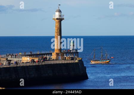 Replica of Bark Endeavour giving pleasure trips around Whitby Bay,North Yorkshire,UK Stock Photo