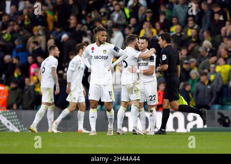 Norwich, UK. 31st Oct, 2021. Leeds players celebrate at the end of the Premier League match between Norwich City and Leeds United at Carrow Road on October 31st 2021 in Norwich, England. (Photo by Mick Kearns/phcimages.com) Credit: PHC Images/Alamy Live News Stock Photo