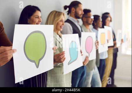 People holding speech bubbles like those that you can see on social media and in messengers Stock Photo