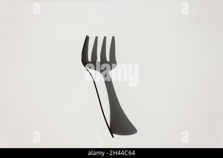 Fork with sharp shadows of sun on a white background. Menu design concept. Flat lay. Copy space. Stock Photo