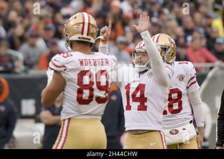 Chicago, United States. 31st Oct, 2021. San Francisco 49ers kicker Joey Slye (14) celebrates his first quarter field goal against the Chicago Bears at Soldier Field in Chicago on Sunday, October 31, 2021. Photo by Mark Black/UPI Credit: UPI/Alamy Live News Stock Photo