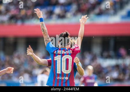 Barcelona, Spain. 31st Oct, 2021. Jenni Hermoso of FC Barcelona celebrates after scoring a goal during the Primera Iberdrola match between FC Barcelona Femeni and Real Sociedad Femenino at Estadi Johan Cruyff.Final score; FC Barcelona Femeni 8:1 Real Sociedad Femenino. (Photo by Thiago Prudencio/SOPA Images/Sipa USA) Credit: Sipa USA/Alamy Live News Stock Photo