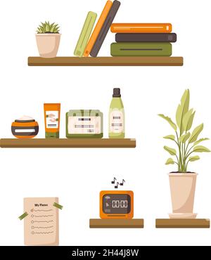 Bedroom interior with shelves of books, alarm clock, houseplants, tubes of cream and cosmetics for evening and morning skincare and plan for the day. Vector flat illustration items in apartment Stock Vector