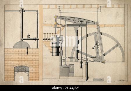 Engineering: a large double-chamber steam engine. Coloured drawing ...