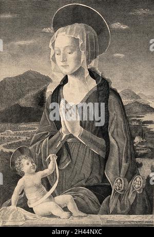 Saint Mary (the Blessed Virgin) with the Christ Child. Engraving by Burney after Piero della Francesca. Stock Photo