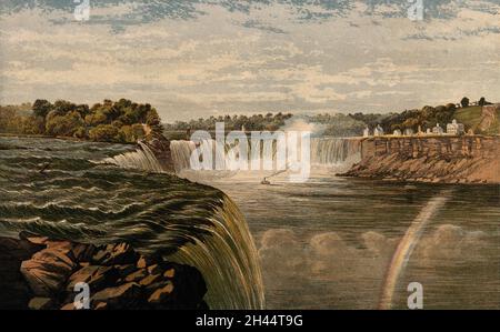 Niagara Falls: a view of the American side of the Falls, with a rainbow reflected in the water. Photogravure (?) after a drawing by G.H. Andrews, ca. 1860. Stock Photo