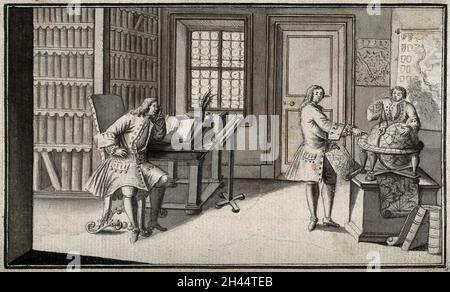 Three men in a library, one seated, two others using a large globe and charts. Pen and ink drawing. Stock Photo