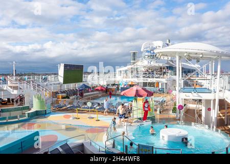 Pool deck on Royal Caribbean 'Anthem of the Seas' cruise ship at berth, Liverpool, Merseyside, England, United Kingdom Stock Photo